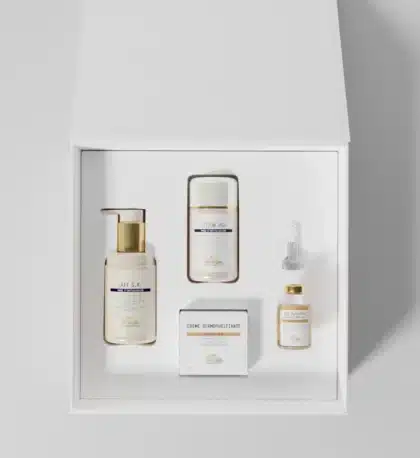 Coffret Imperfections Biologique Recherche ouvert avec Lait S.R., Lotion P50, Sérum Iso-Placenta et Crème Dermopurifiante