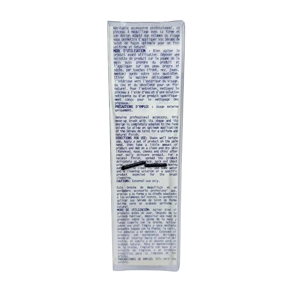 Dos de l’emballage du pinceau à maquillage Biologique Recherche avec mode d’utilisation et précautions d’emploi.